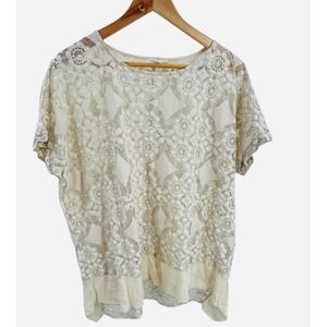 Easel Lace Floral Overlay‎ Tunic Top Short Sleeve Sheer Cream Small